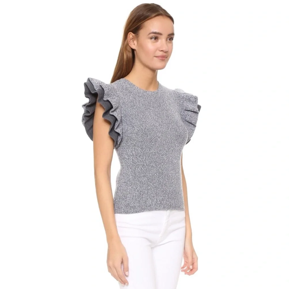 Club Monaco Eris Ruffle Sleeve Marled Merino Wool Sweater Top - Picture 1 of 9